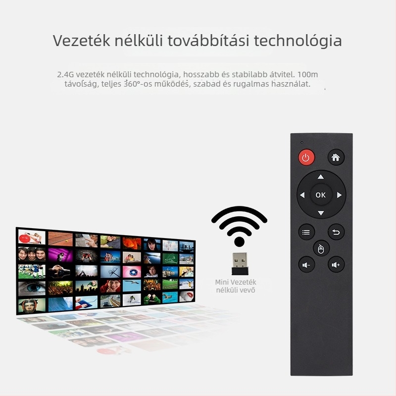 2.4G vezeték nélküli távirányító USB interfésszel set-top boxokhoz, számítógépekhez, projektorokhoz és Android eszközökhöz – 15–20 m hatótávolság; USB vevő a csomag része; modell X1201-126