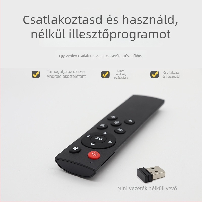 2.4G vezeték nélküli távirányító USB interfésszel set-top boxokhoz, számítógépekhez, projektorokhoz és Android eszközökhöz – 15–20 m hatótávolság; USB vevő a csomag része; modell X1201-126