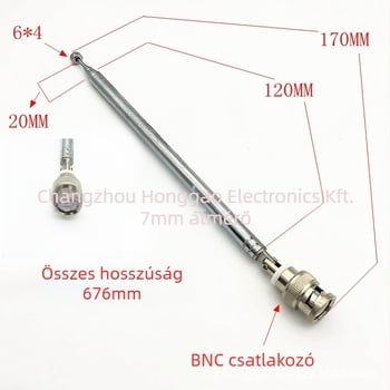 Teleszkópos rádióantenna, modell 7120BNC, BNC csatlakozó, frekvencia 433 MHz, impedancia 75 Ω