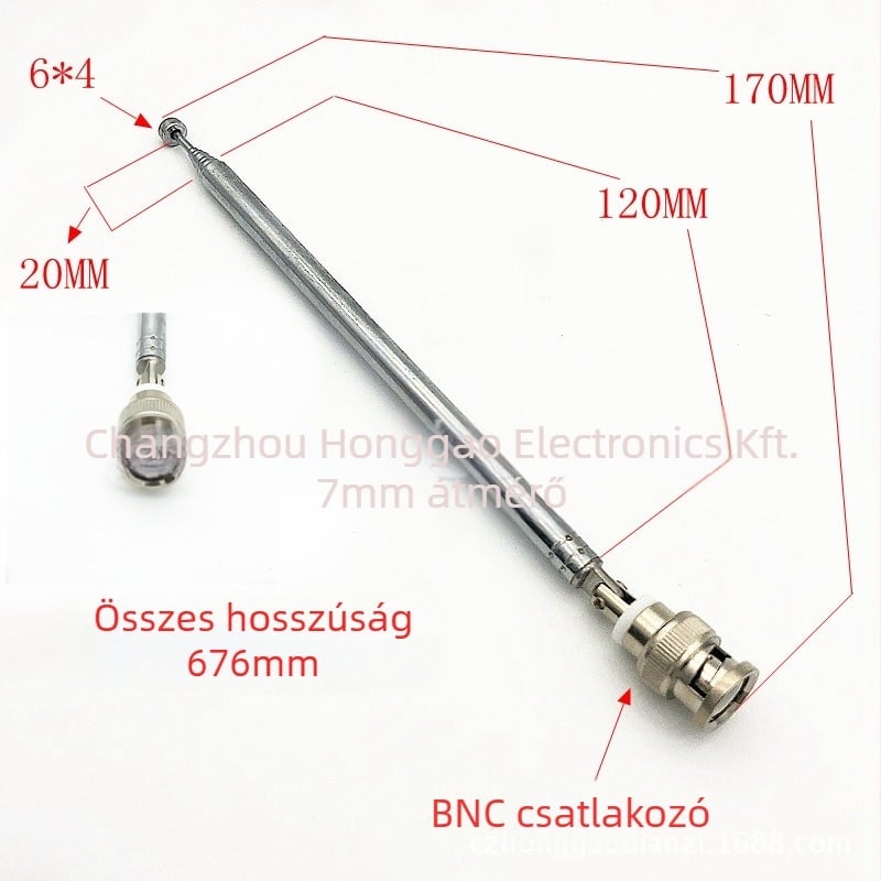 Teleszkópos rádióantenna, modell 7120BNC, BNC csatlakozó, frekvencia 433 MHz, impedancia 75 Ω