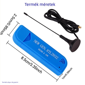Xinrui RTL-SDR vevő, 25 MHz–1760 MHz tartomány, modell S2832U/R828DSDR, repülési sáv vétel