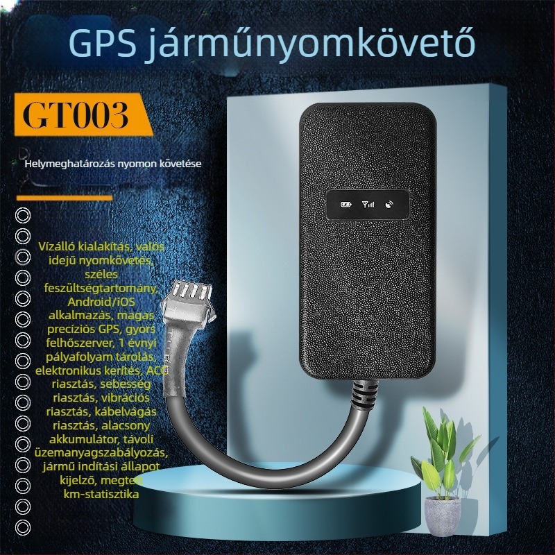 GT003 GPS tracker autókhoz, teherautókhoz és motorkerékpárokhoz: pontos helymeghatározás 10 m; riasztási módok: rezgés, áramkimaradás, kerítés, túllépés sebesség; DC 9-40V tápegység; vízálló