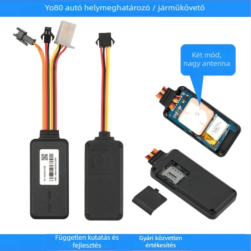Autó GPS helymeghatározó riasztó rendszer, modell Y080, GPS-pontosság 5 m, beépített antenna (FPC hálózati + kerámia GPS), külső tápegység 9–100 VDC, riasztási módok: rezgés, áramszünet, SOS
