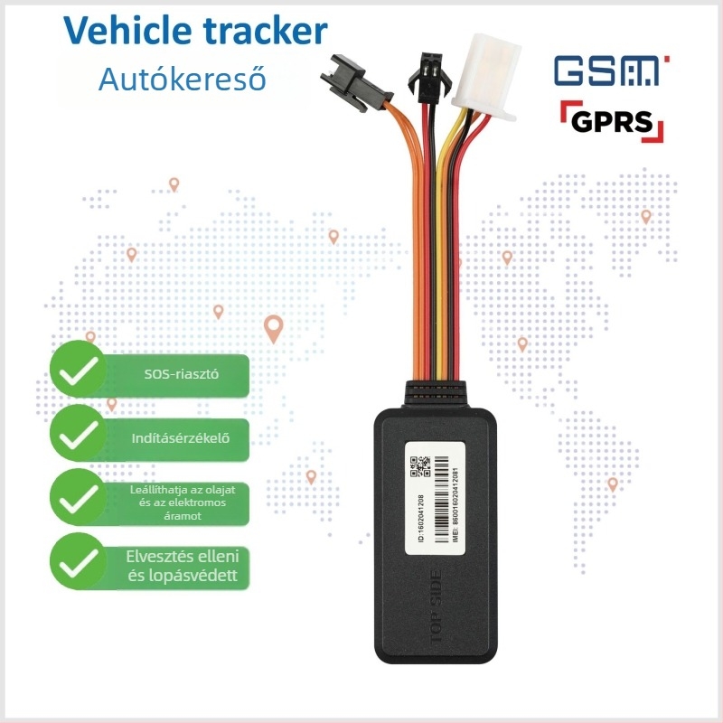 Autó GPS helymeghatározó riasztó rendszer, modell Y080, GPS-pontosság 5 m, beépített antenna (FPC hálózati + kerámia GPS), külső tápegység 9–100 VDC, riasztási módok: rezgés, áramszünet, SOS