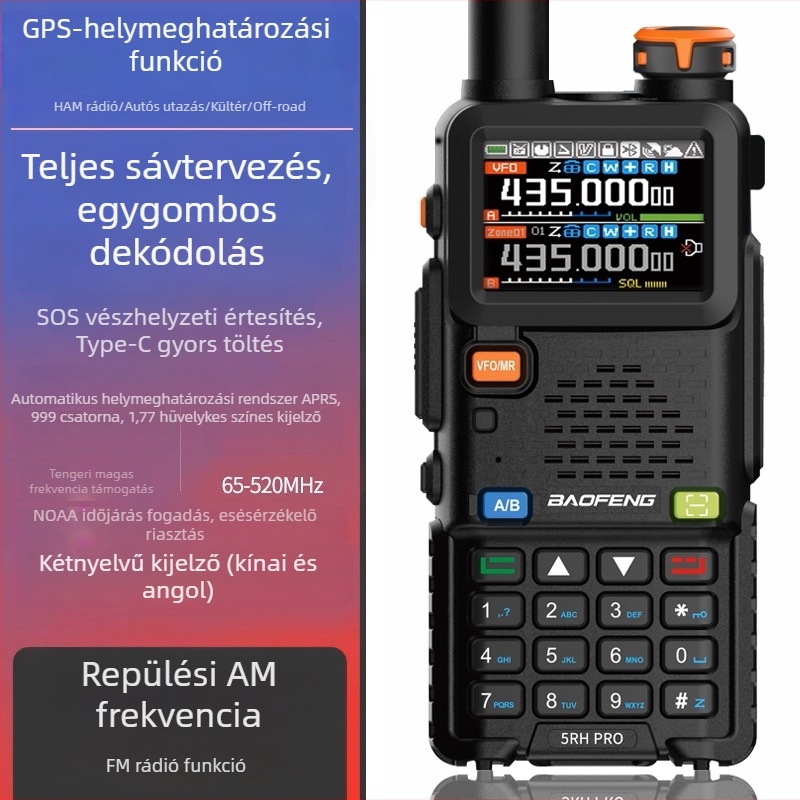 Baofeng 5RHPro kézibeszélő rádió GPS-szel és APRS-sel, 3-5 km hatótávolság, 5000 mAh akkumulátor, porálló, kijelzővel