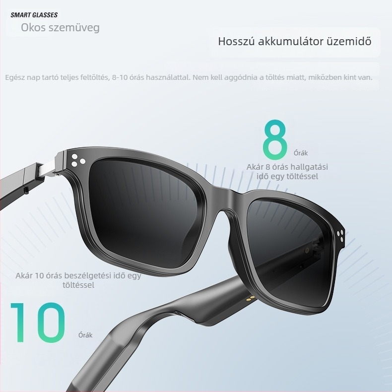 Intelligens Bluetooth szemüveg AI zenével, mágneses lencsés keret, kékfény- és UV-védelem, ABS+PC ház, 2×110 mAh akkumulátor, 10 m feletti hatótávolság