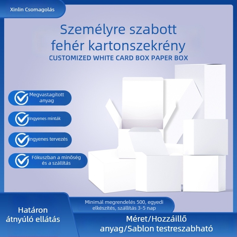 Csomagoló doboz - Anyag: papír/karton; Doboz típus: hajlított karton; Papírvastagság: 250 gsm; Nyomtatási módok: ofszet, szitanyomás, UV nyomtatás, meleg nyomtatás (ezüst); Logó nyomtatás: Lehet