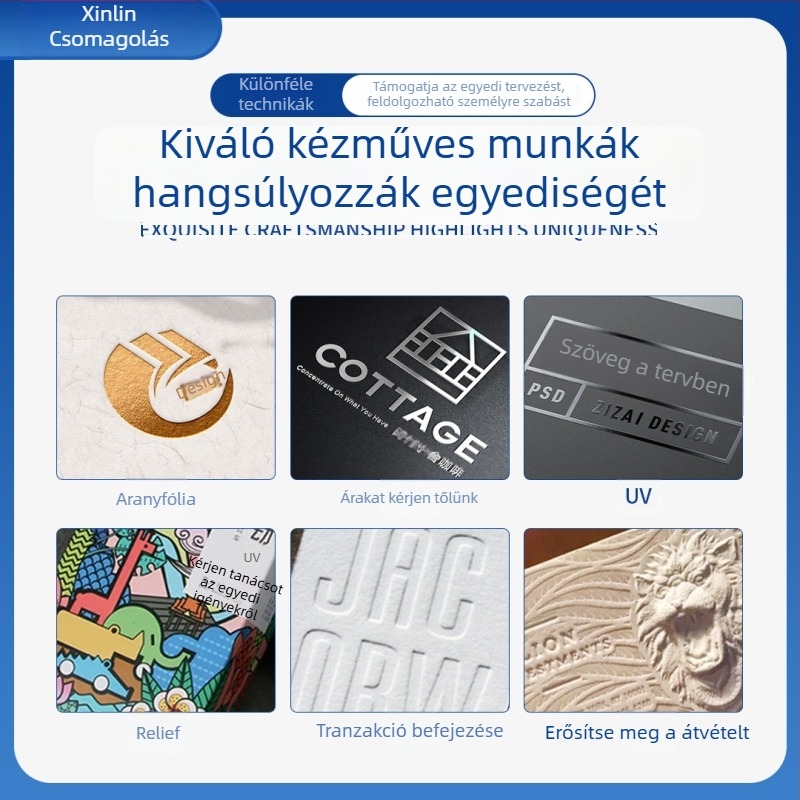 Csomagoló doboz - Anyag: papír/karton; Doboz típus: hajlított karton; Papírvastagság: 250 gsm; Nyomtatási módok: ofszet, szitanyomás, UV nyomtatás, meleg nyomtatás (ezüst); Logó nyomtatás: Lehet