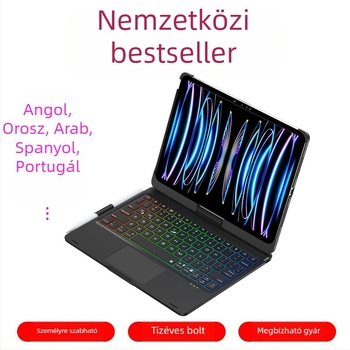 Vezeték nélküli Bluetooth billentyűzet iPadhez (2022, 10. generáció), modell F11AT-pro, 360°-os forgócsukló, RGB háttérvilágítás, súly 880 g.