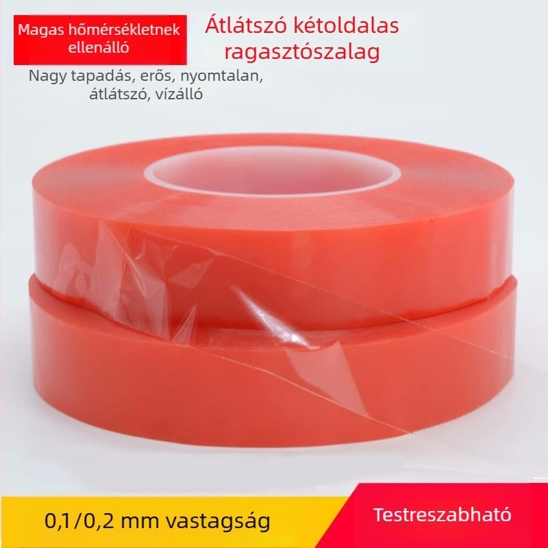 Piros PET kétoldalas szalag, magas hőállóság, átlátszó, erős akril ragasztóval, ultra vékony, nyommentes eltávolítás, die-cut kivitel