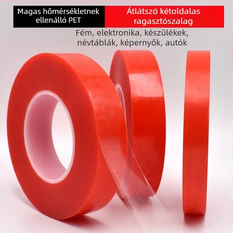 Piros PET kétoldalas szalag, magas hőállóság, átlátszó, erős akril ragasztóval, ultra vékony, nyommentes eltávolítás, die-cut kivitel