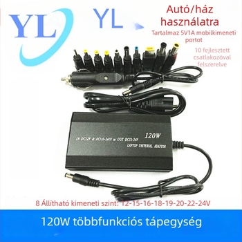 120W kettős használatú autó- és háztartási töltő USB-porttal és 10 adapterrel, kimenet 12–24V