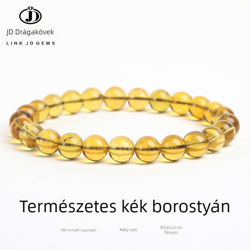 Természetes kék borostyán gömbölyű gyöngyökből készült karkötő, kézzel készített, uniszex, elegáns geometriai design, ideális üzleti ajándékhoz