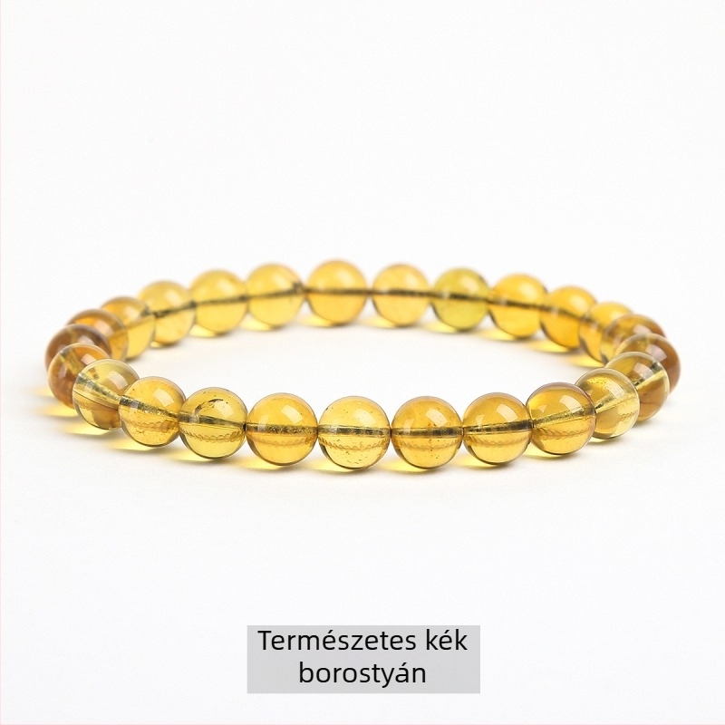 Természetes kék borostyán gömbölyű gyöngyökből készült karkötő, kézzel készített, uniszex, elegáns geometriai design, ideális üzleti ajándékhoz