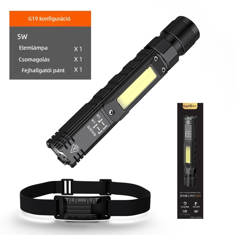 G19 mágneses munkalámpa – többfunkciós, LED fejfény, 360° forgás, 50–100 m hatótávolság, 800 mAh akkumulátor, 5 W