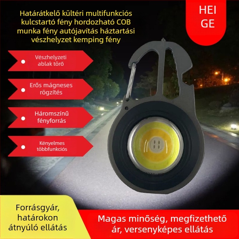 Kulcstartó COB LED lámpa kempinghez és vészhelyzetekhez, hordozható, újratölthető, 3.7V, 10W, nyomógombos kapcsoló