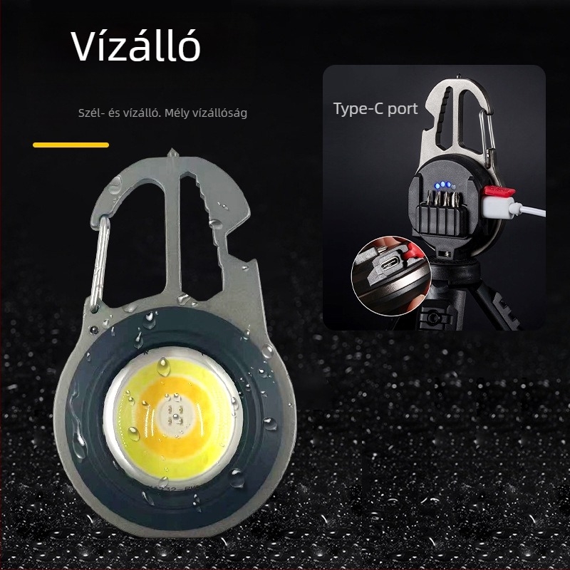Kulcstartó COB LED lámpa kempinghez és vészhelyzetekhez, hordozható, újratölthető, 3.7V, 10W, nyomógombos kapcsoló