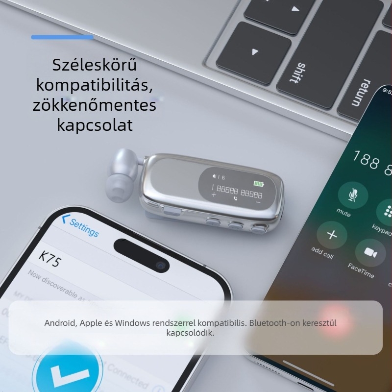 K75 klipszes Bluetooth headset autóhoz - kihúzható mikrofon, hosszú üzemidő (>8 óra), Bluetooth 5.4, többpontos kapcsolódás, digitális kijelző