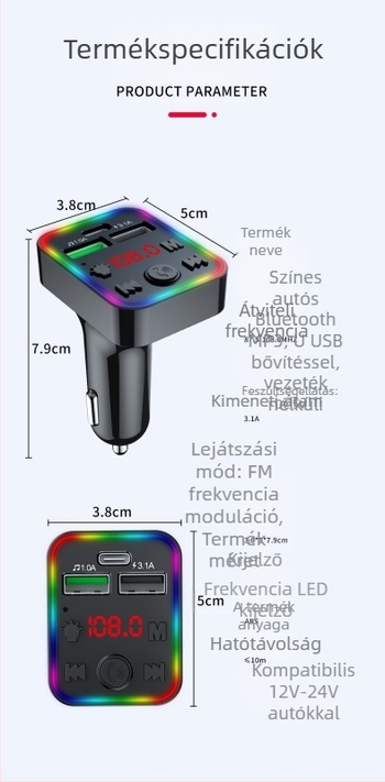 Autó MP3 lejátszó Bluetooth-tal a gyújtóhoz – modell F-22, 12–24 V, FM funkció, lejátszási idő 8888, monokróm kijelző