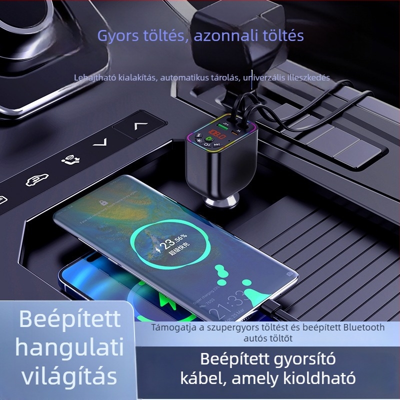 Autó Bluetooth MP3 lejátszó és töltő Y5, 4 az egyben kihúzható kábel, FM adó, USB töltés, bemeneti 9–26V