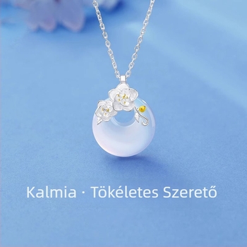 925-ös ezüst camellia chalcedon nyaklánc keresztes lánccal és ívelt medállal