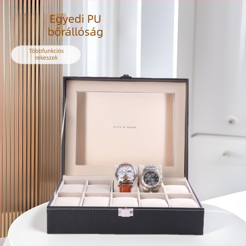 PU bőr óradoboz, luxus, 10 rekesz, elegáns kijelző doboz