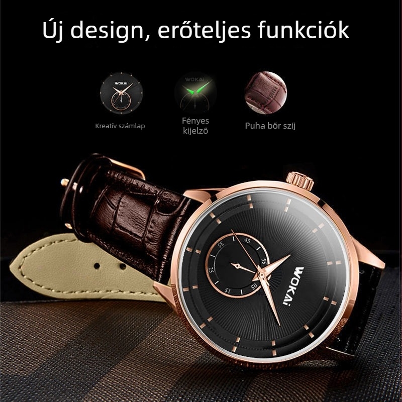 Wokai férfi kvarc karóra, egyszerű üzleti retro stílus, analóg kijelző, 40 mm-es tárcsa, valódi bőrszíj