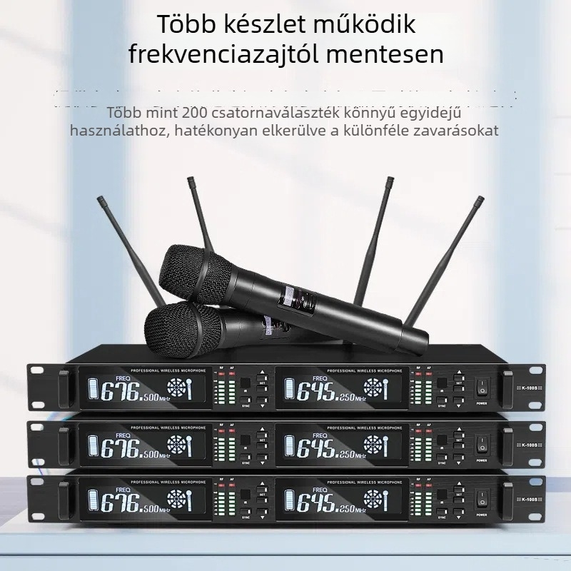 Szakmai vezeték nélküli mikrofonrendszer 1:2, valódi diverzitás, visszacsatolás elleni védelem, otthoni karaoke, kültéri színpad és esküvői előadásokhoz