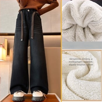 Lányoknak szóló fleece-béléses farmernadrág téli 2025-re, magas derekú gyerekeknek szánt denim nadrág, 8 év feletti gyermekek számára
