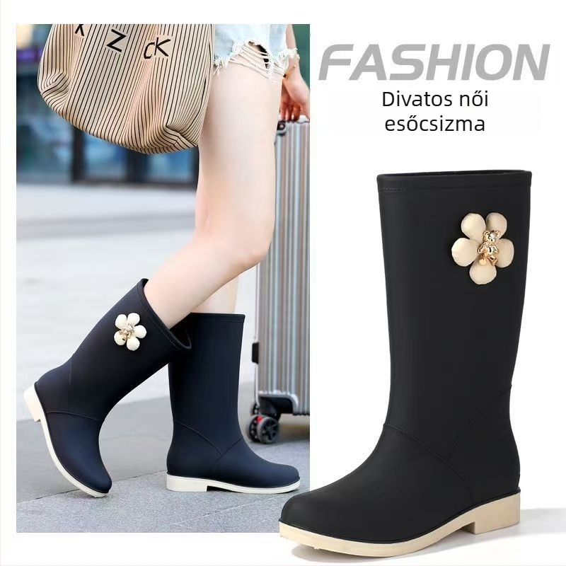 Női esőcsizmák PVC magas szárú, virágos mintázat, Slip-On, alacsony sarok 1-3 cm