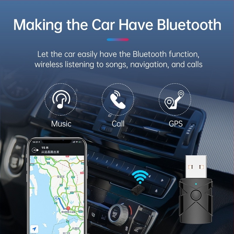Bluetooth 5.2 USB audio átjátszó- és vevő adapter USB és 3,5 mm csatlakozókkal, Plug-and-Play, külső tápegítés nélkül, 10 m hatótáv