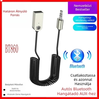 BT860 Autó Bluetooth vevő AUX/USB interfésszel, Plug‑and‑Play, Bluetooth 5.0, Külső tápellátás nélkül, Hatótávolság 10 m-ig