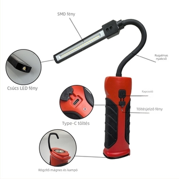 Tölthető mágneses munkalámpa hajlékony nyakkal és kampóval — 10W SMD LED, 5V, 500 lm, 2000mAh