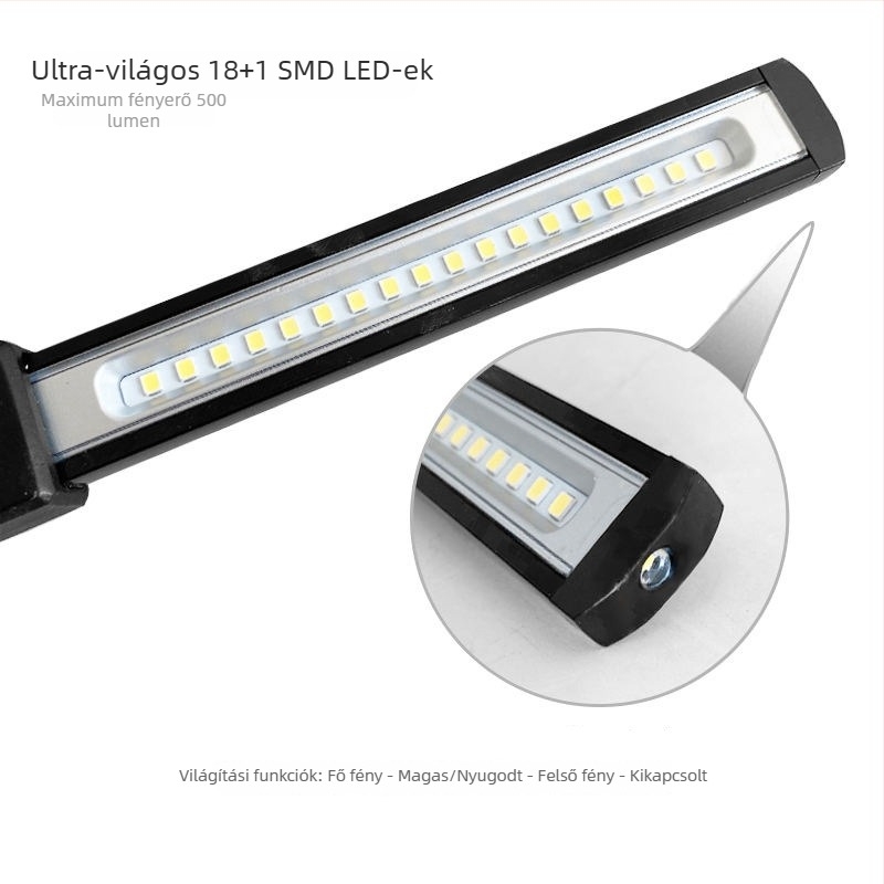 Tölthető mágneses munkalámpa hajlékony nyakkal és kampóval — 10W SMD LED, 5V, 500 lm, 2000mAh