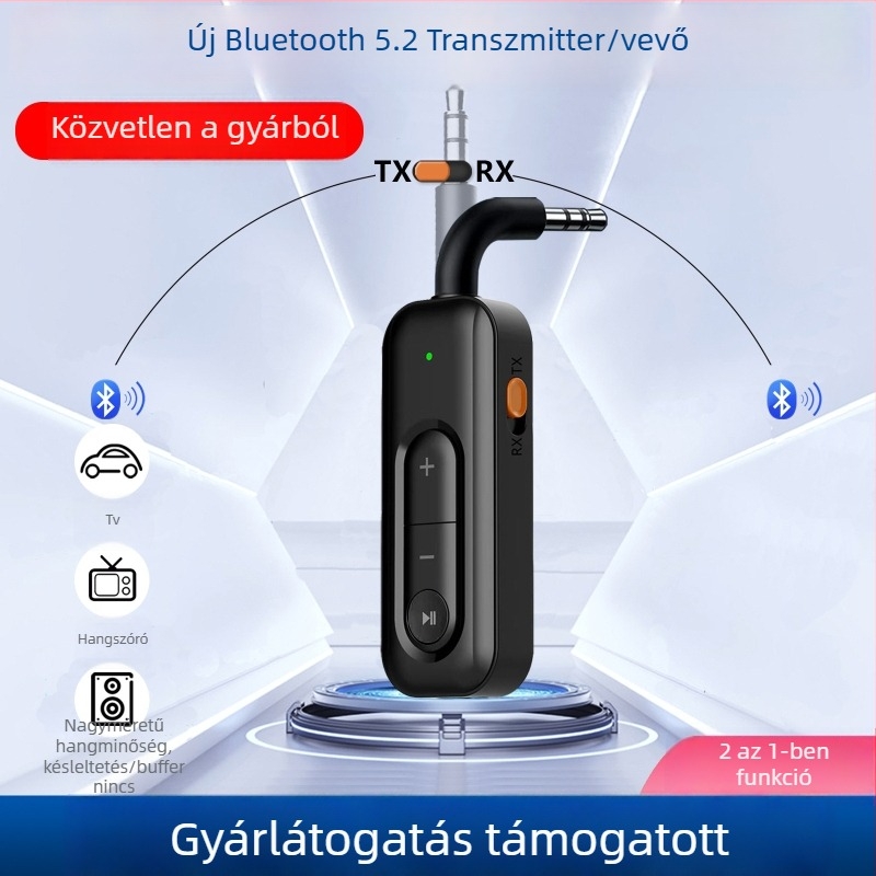 Autó Bluetooth vevő-átvivő, AUX 3.5 mm, hands-free beszélgetések, Bluetooth 5.0, hangmegosztás 1–2