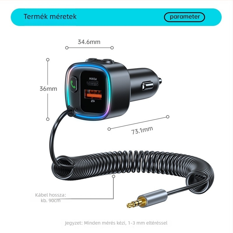 Autóba szánt Bluetooth-vevő AUX kábellel, Bluetooth 5.4, modell AW-BT01, 5V tápegység
