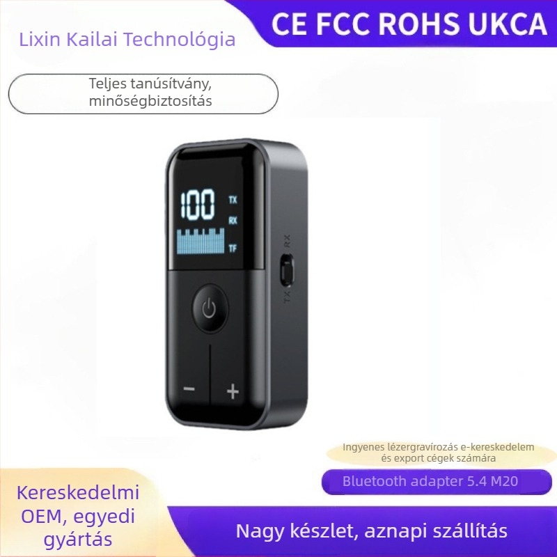 LXKL-M20 Autó MP3 FM Transmitter és Bluetooth Vevő – USB és 3,5 mm-es Audio interfész, Plug‑and‑Play, 15 m lefedettség, 100 MHz működő frekvencia, Bluetooth 5.4
