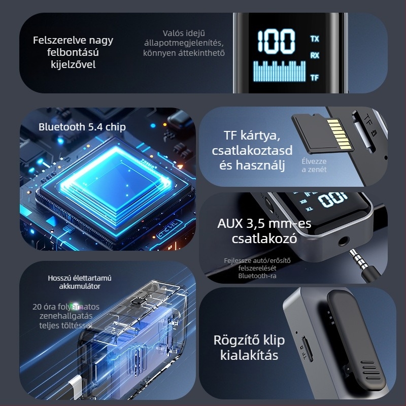 LXKL-M20 Autó MP3 FM Transmitter és Bluetooth Vevő – USB és 3,5 mm-es Audio interfész, Plug‑and‑Play, 15 m lefedettség, 100 MHz működő frekvencia, Bluetooth 5.4
