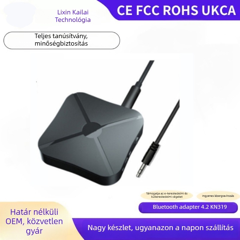 Bluetooth KN319 adó-vevő | Bluetooth 4.2, 3,5 mm audio interfész, Plug-and-Play, külső táp nélkül, 10 m hatótávolság