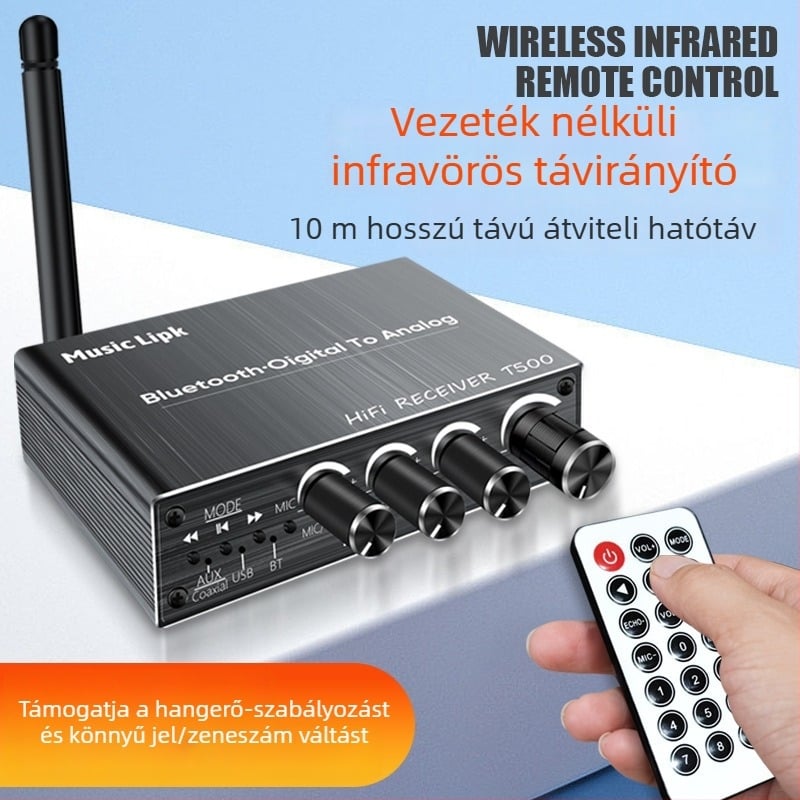 T500 Bluetooth vevő-átalakító, Bluetooth 5.3, AUX 3,5 mm interfész, Plug‑and‑Play, külső tápegység, 10 m működési távolság