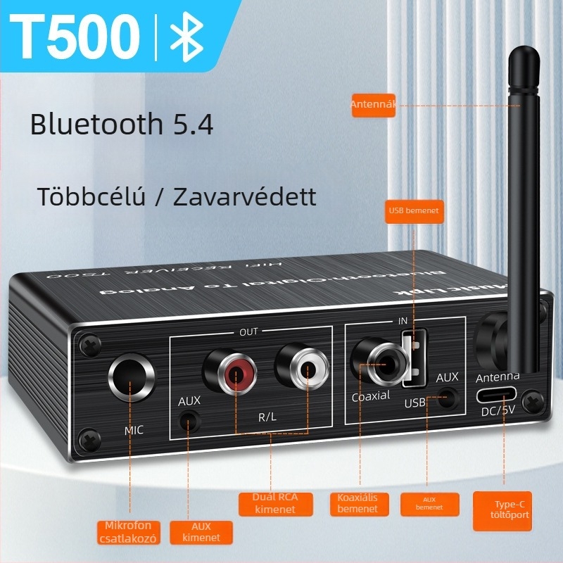 T500 Bluetooth vevő-átalakító, Bluetooth 5.3, AUX 3,5 mm interfész, Plug‑and‑Play, külső tápegység, 10 m működési távolság