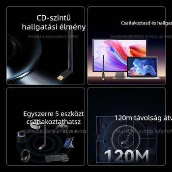 Bluetooth hangátadó/vevő USB adapter, USB interfész, Plug-and-Play, USB‑áramellátás, 10–20 m hatótávolság, Bluetooth 6.0