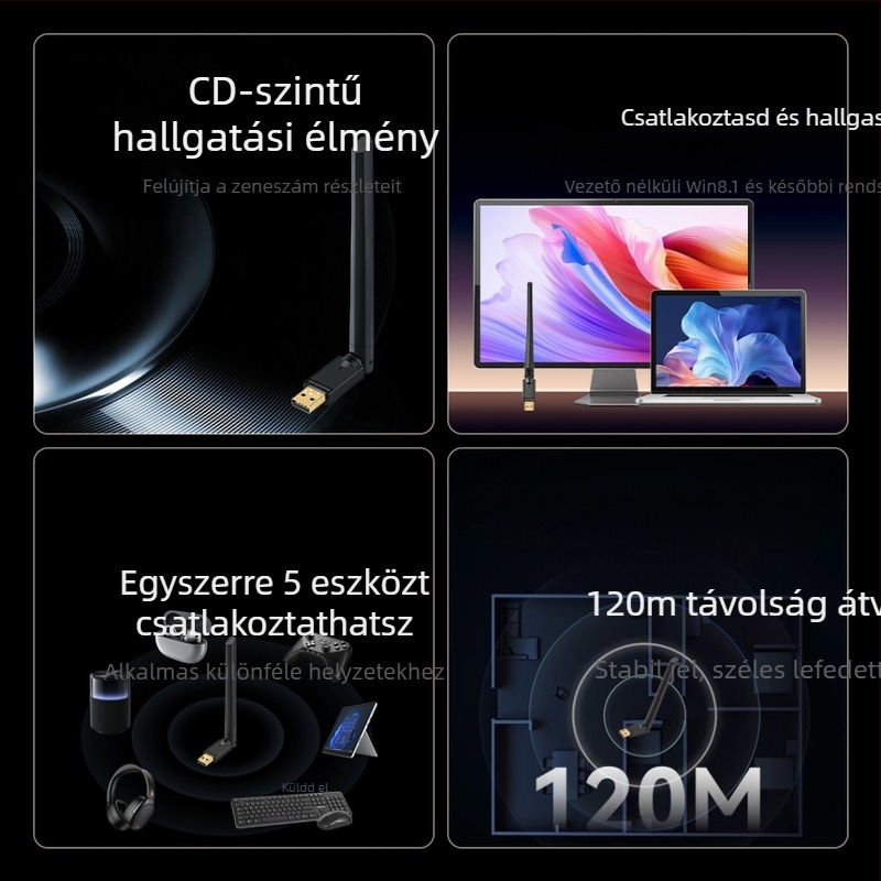 Bluetooth hangátadó/vevő USB adapter, USB interfész, Plug-and-Play, USB‑áramellátás, 10–20 m hatótávolság, Bluetooth 6.0