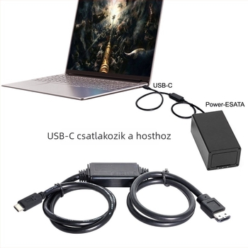 Tápellátással ellátott Type-C–ESATA adapterkábel USB-SATA interfésszel, 0,2 m hosszú, egyfejű, egyenes csatlakozó.