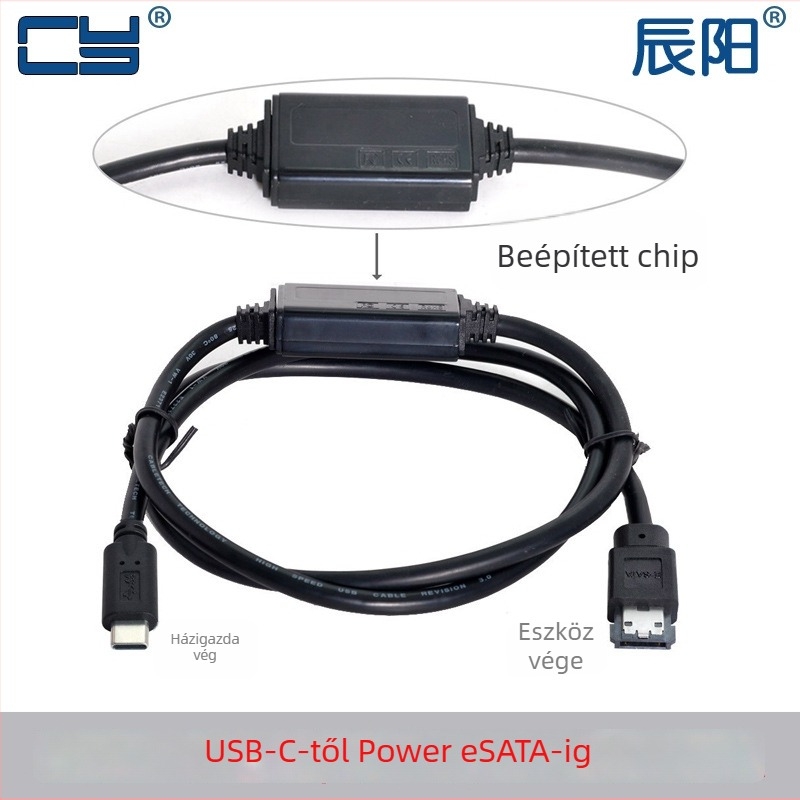 Tápellátással ellátott Type-C–ESATA adapterkábel USB-SATA interfésszel, 0,2 m hosszú, egyfejű, egyenes csatlakozó.