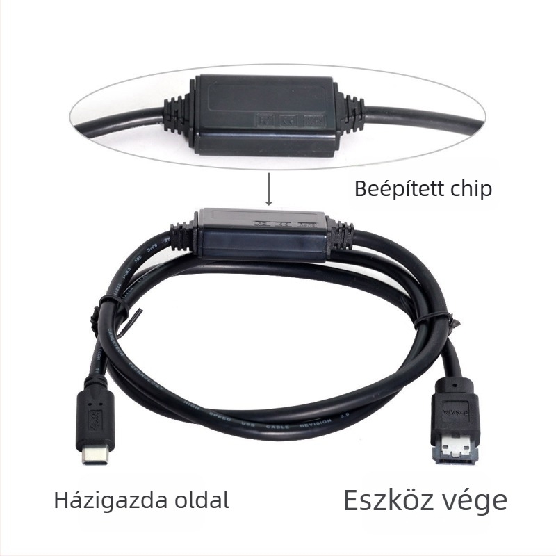 Tápellátással ellátott Type-C–ESATA adapterkábel USB-SATA interfésszel, 0,2 m hosszú, egyfejű, egyenes csatlakozó.