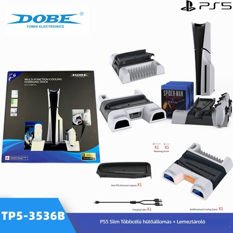 PS5 Slim többfunkciós hűtőalap LED világítással, lemez tároló állvánnyal és kettős kontrollertöltővel, Type-C, ABS