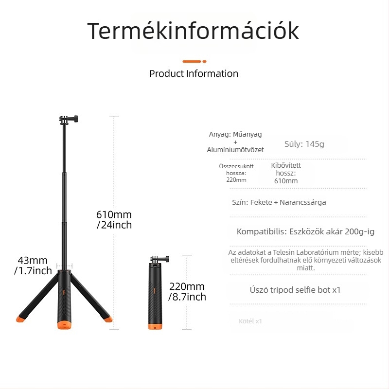 Úszó tripod Selfie stick GoPro, DJI és Insta360 kamerákhoz (TELESIN; Modell S1-tss-02; Anyag: műanyag + alumínium ötvözet; Univerzális kompatibilitás)