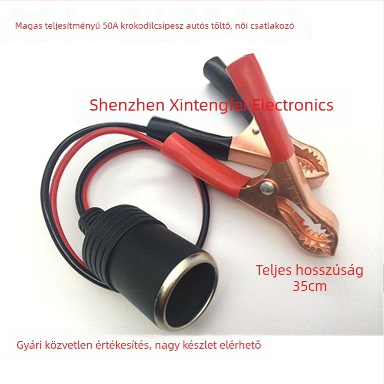 12V-os autó akkumulátor hosszabbító kábel klipszekkel és cigarettagyújtóhoz csatlakozó véggel, modell XTF-039, Xintengfei márka, vészhelyzeti energiaellátáshoz