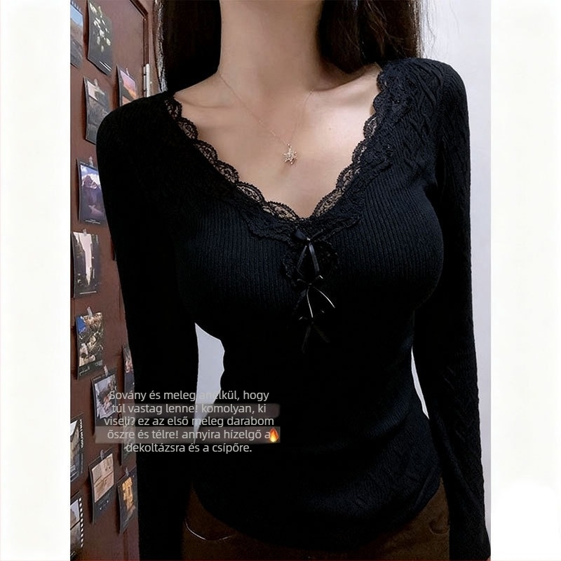 Nylon V-nyakú kefézett belsővel és fleece-bevonattal ellátott hosszú ujjú T-shirt, rövid fazon, oversize